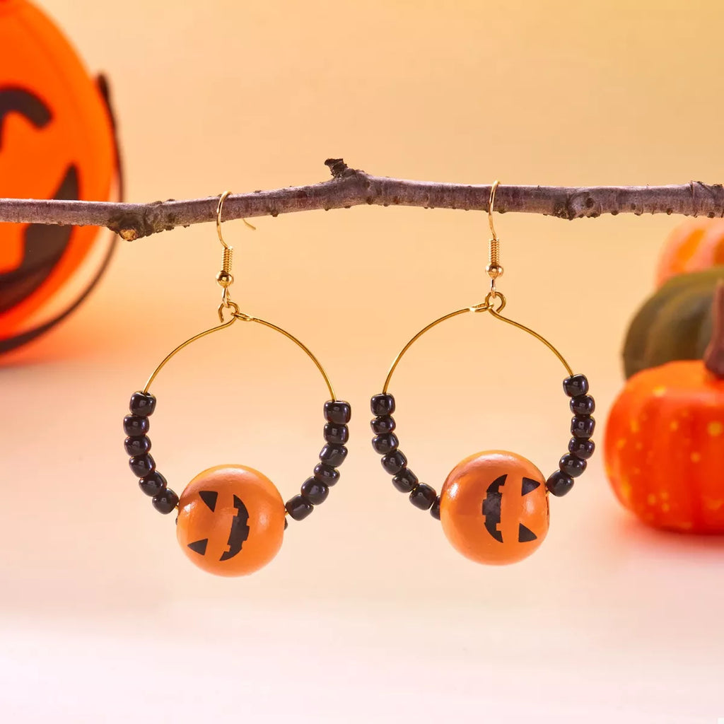 18K gold-plated Halloween bead earrings with spooky themed charms and intricate details, perfect for festive jewelry.