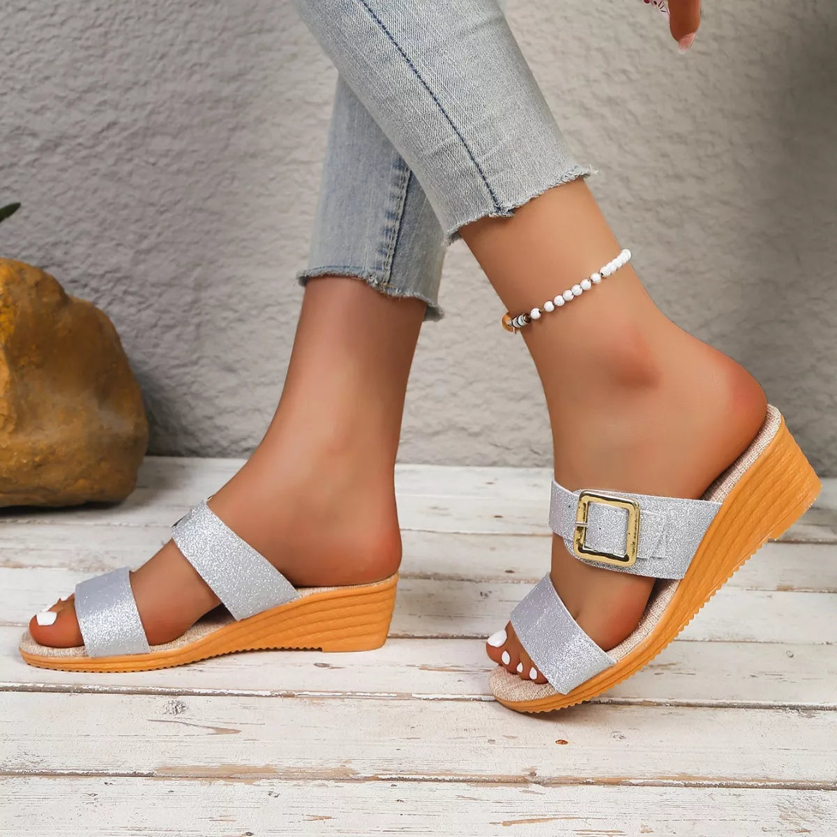 Shopimist open toe wedge sandals with cork heel and ankle strap, stylish and comfortable for summer footwear.