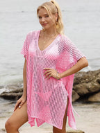 Openwork V-neck slit cover-up by Trendsi featuring lightweight fabric and stylish openwork design, perfect for beachwear or poolside.