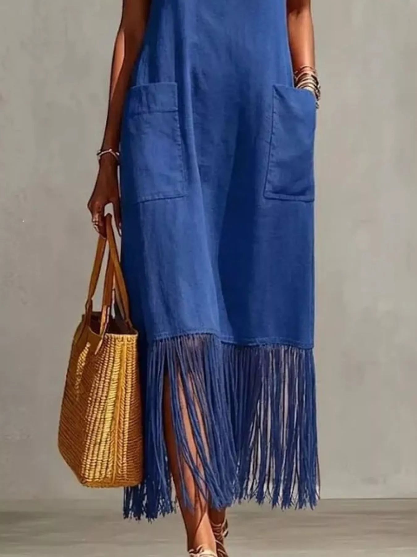 Plus size Fringe V-neck spaghetti strap dress by Plush Fashion Hub, featuring full length and stylish fringe details.