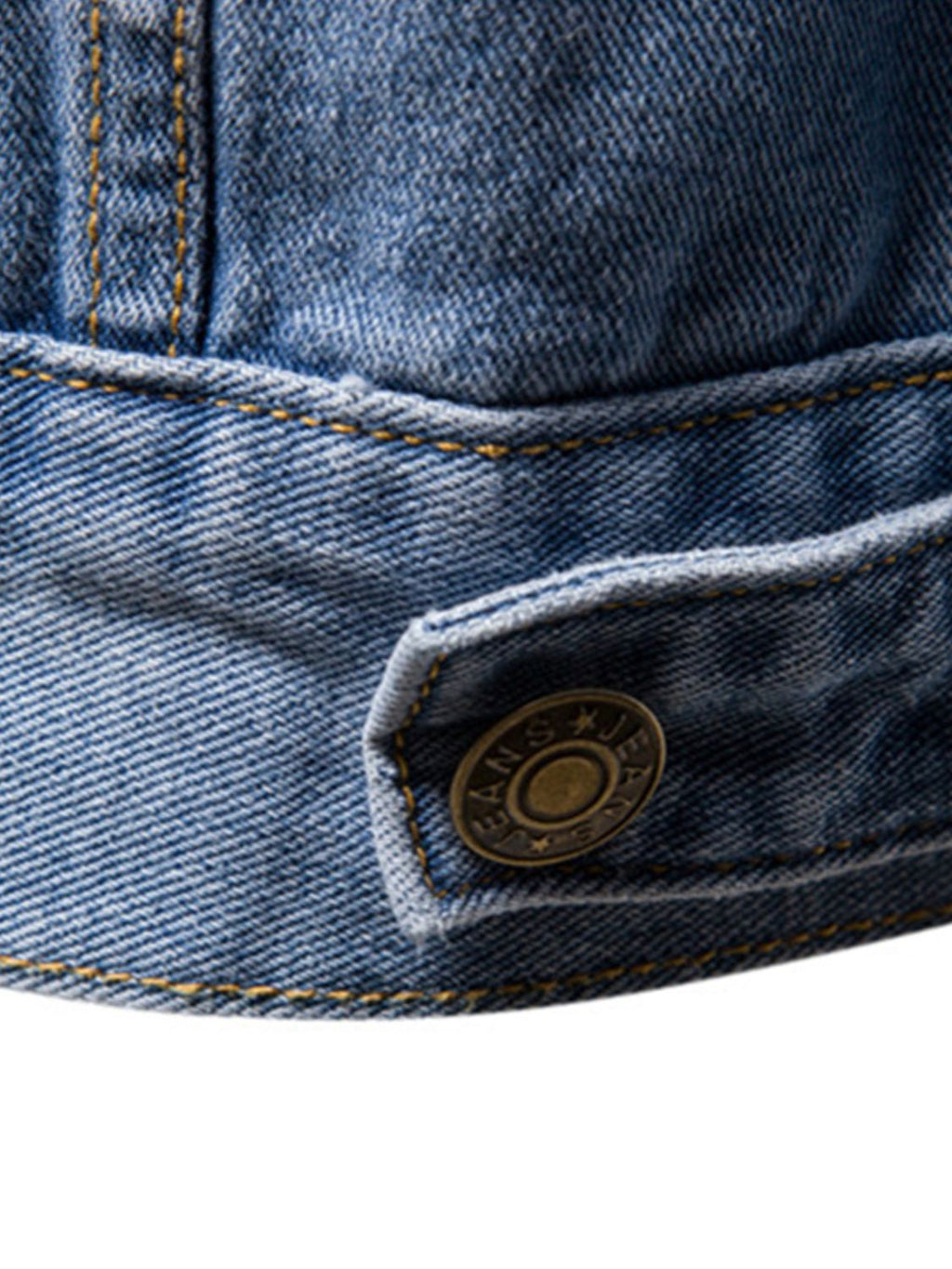 Men's VYSN button-down long sleeve denim jacket with classic fit and visible stitching, shown hanging on a wooden hanger.