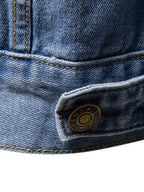 Men's VYSN button-down long sleeve denim jacket with classic fit and visible stitching, shown hanging on a wooden hanger.