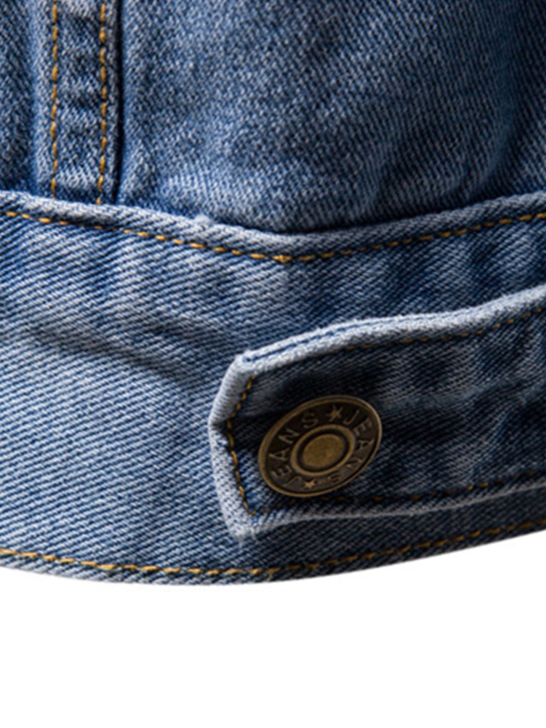 Men's VYSN button-down long sleeve denim jacket with classic fit and visible stitching, shown hanging on a wooden hanger.