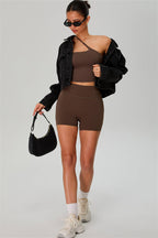 Fitglutes activewear one-shoulder crop top and matching shorts set, stylish gym and workout clothes for active wear.