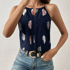 Women’s Feather Print Notch V-Neck Camisole Vest by FitiqueFit, featuring a lightweight feather pattern and V-neck design.