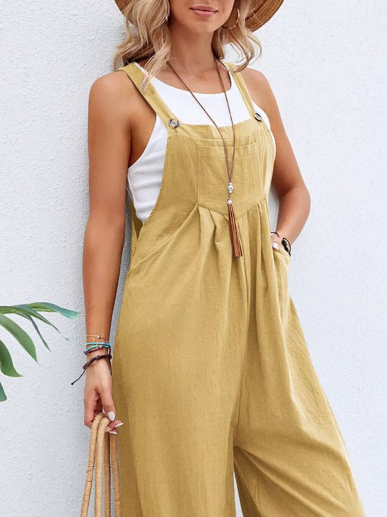 Plus size casual wide-leg overalls with pockets from Shopimist, featuring a full-length design and comfortable fit.