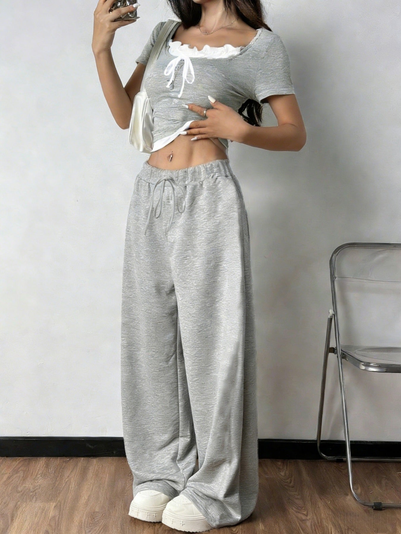Shopimist tie front short sleeve top and matching pants set, casual outfit with a stylish tie detail and relaxed fit.