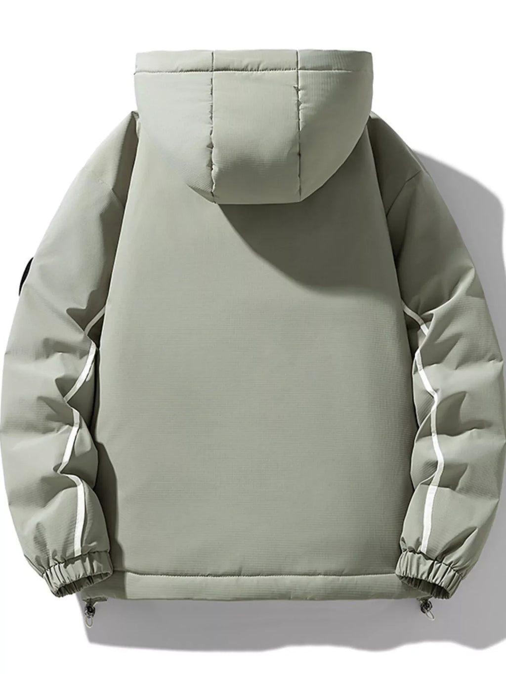Plus size men's puffer jacket with contrast hood and zipper, stylish winter outerwear by Shopimist, displayed in black and gray colors.