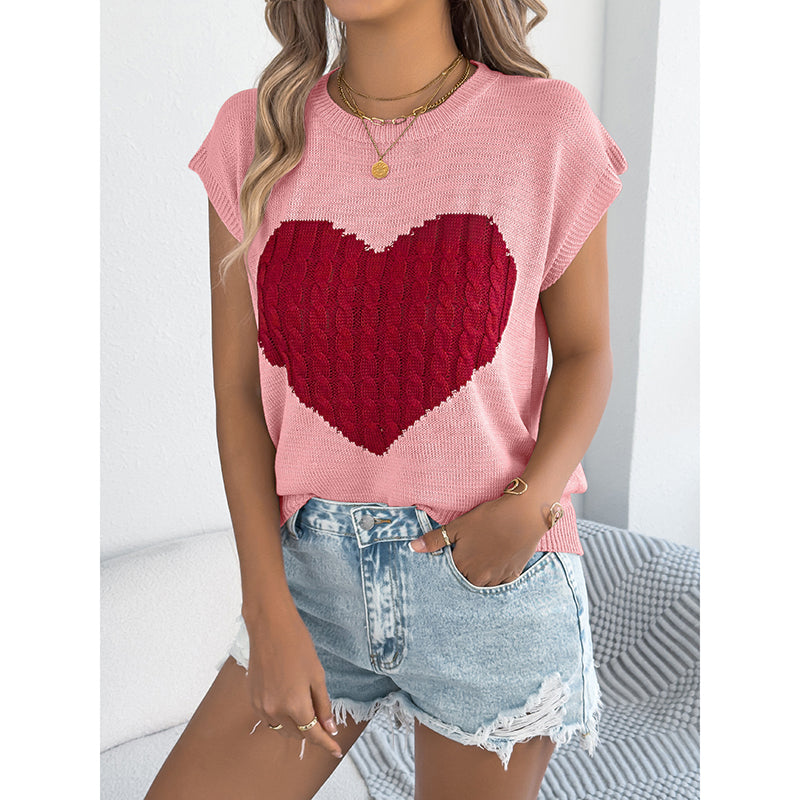 Women’s heart color block knit top by FitiqueFit, sleeveless casual tank with vibrant heart design, perfect for Valentine's Day.