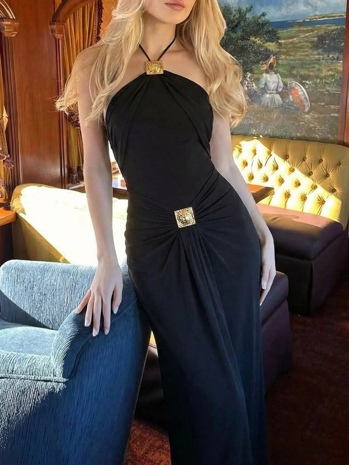 Plush Fashion Hub backless ruched halter neck maxi dress, elegant evening dress with flowing fabric and fitted bodice.
