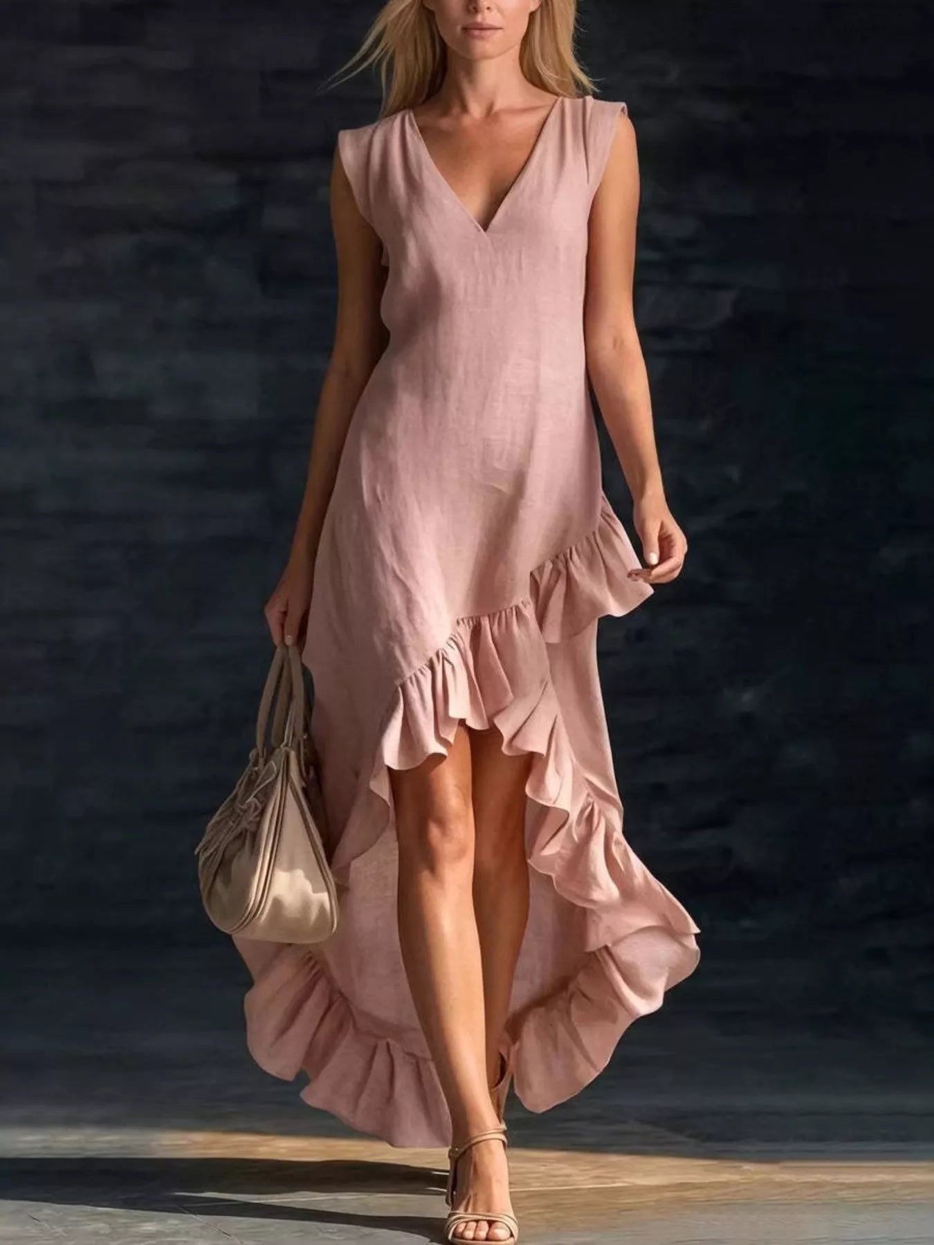 Plus size V-neck ruffle hem high-low dress by Plush Fashion Hub, featuring a flowing fabric and elegant design.