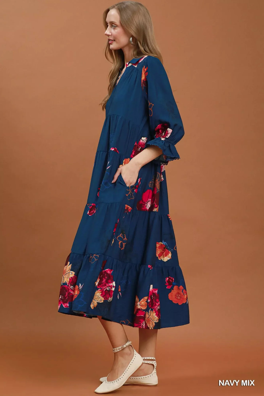 Umgee floral print tiered midi dress with puff sleeves, featuring a feminine and flowy design, perfect for spring and summer wear.