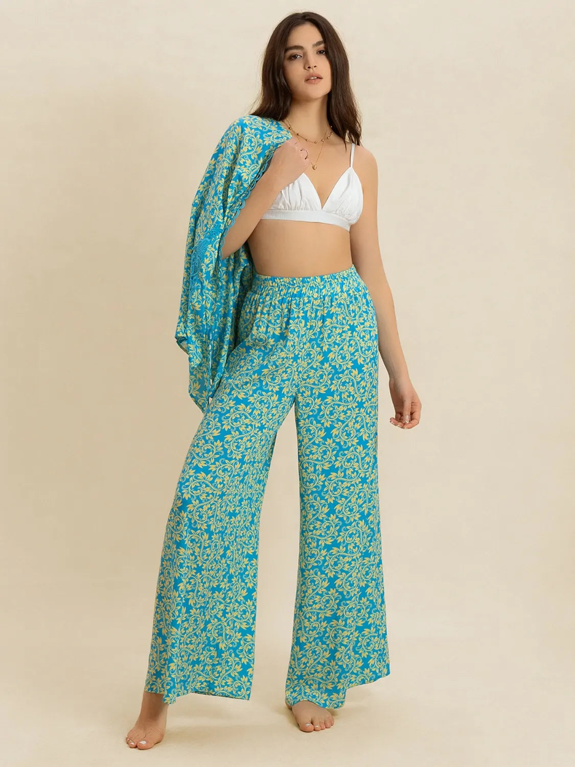 Open front printed matching top and pants set by Plush Fashion Hub, casual loungewear with floral pattern and comfortable fit.