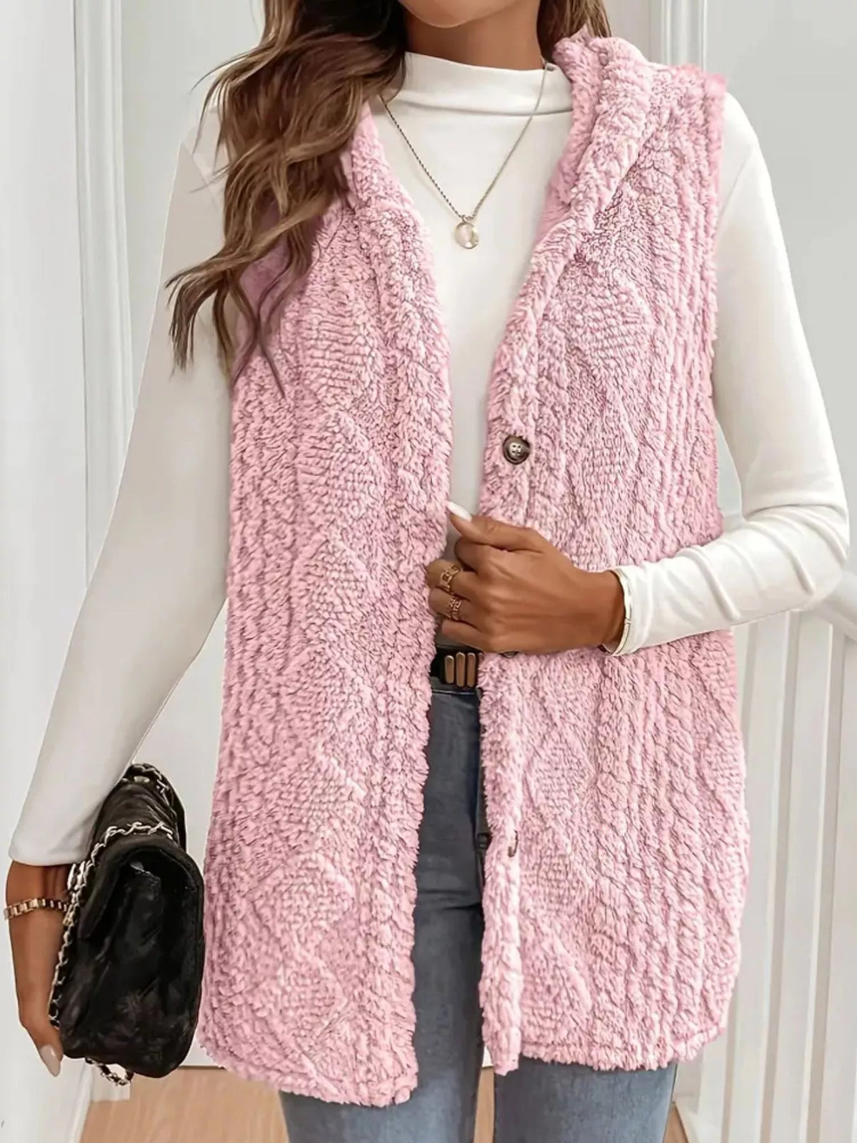 Simply Love hooded button-up sherpa vest coat with cozy fleece lining and front pockets, perfect for cold weather.