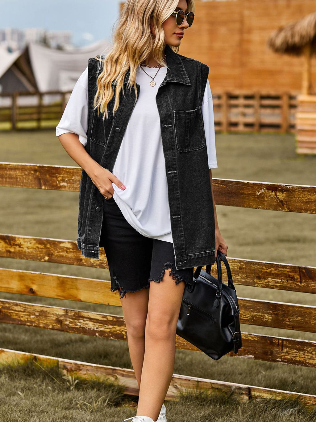 VYSN button-down denim vest featuring classic collar and front button closure, casual fashion clothing for versatile style.