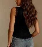 Lace trim button-down crop tank vest for women, casual FitiqueFit brand, showing front view with lace details and sleeveless design.