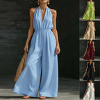 Women’s V-neck halter neck wide-leg jumpsuit by FitiqueFit, casualwear featuring a flattering V-neck and flowing wide-leg design.