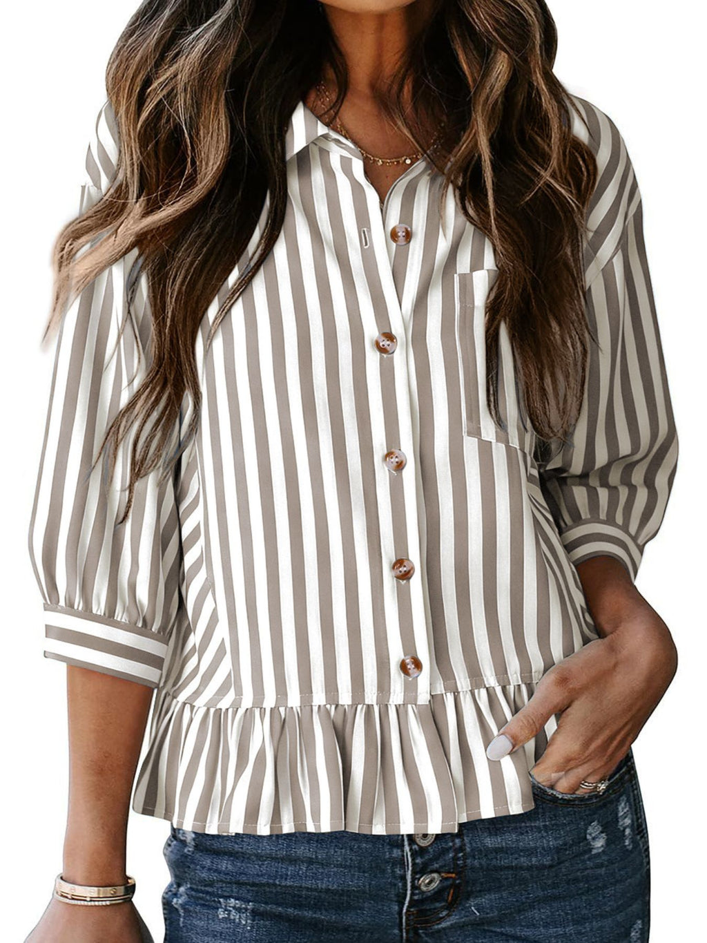 Women's striped button-down blouse with ruffled hem, lightweight viscose fabric, featuring a relaxed fit and stylish design.