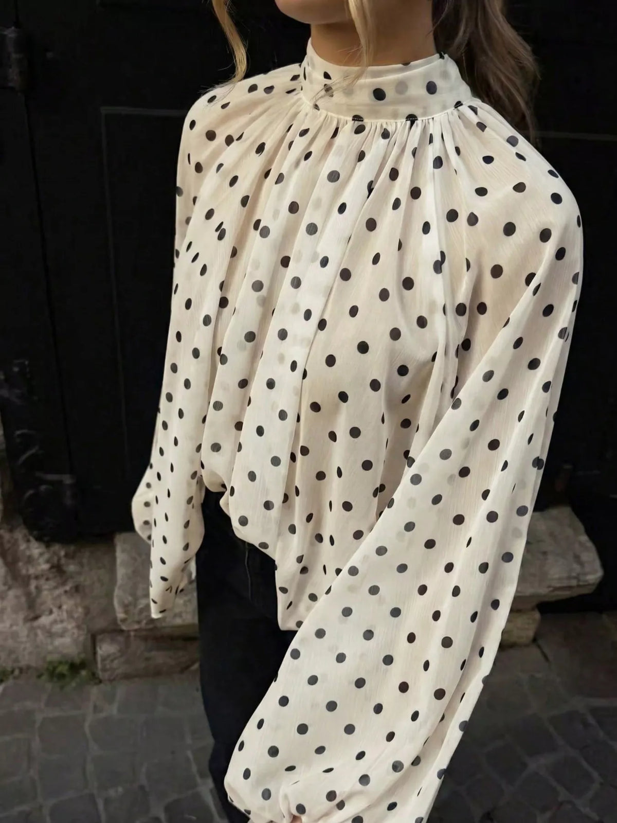 Polka dot balloon sleeve blouse for women by Trendsi, featuring a stylish design with puffed sleeves and a classic pattern.