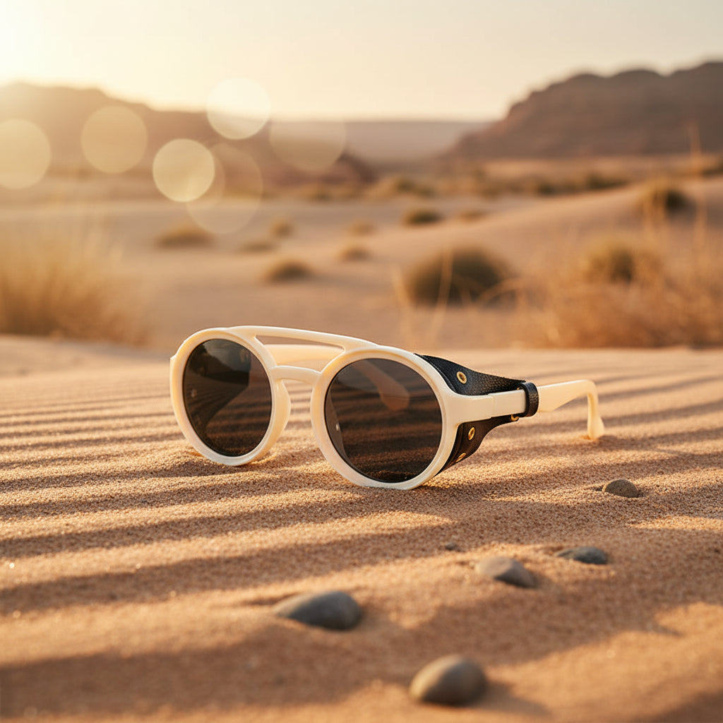Retro round leather frame sunglasses by FitiqueFit featuring vintage-style eyewear with classic leather accents and round lenses.