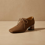 Women's retro sheepskin square toe chunky heel pumps by Plush Fashion Hub with lace-up mid heel, featuring a stylish vintage design.
