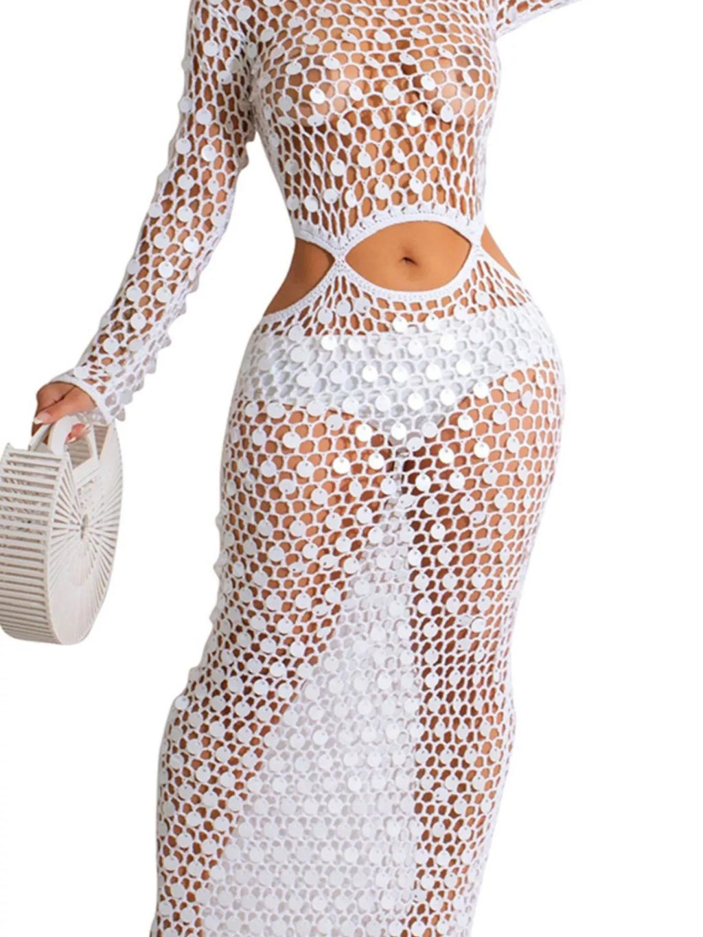 Shopimist sequin mesh cutout maxi dress featuring shimmering sequins, sheer mesh panels, and a flowing silhouette.