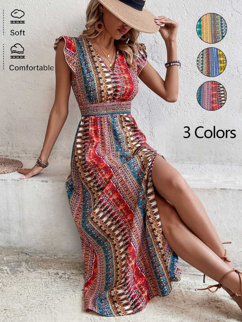 Women's boho geometric print puff sleeve A-line maxi dress by FitiqueFit in three colors, shown in a stylish, flowing design.