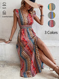 Women's boho geometric print puff sleeve A-line maxi dress by FitiqueFit in three colors, shown in a stylish, flowing design.