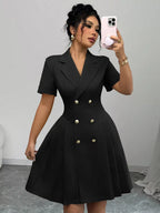 Shopimist double-breasted pleated blazer dress featuring a tailored fit and stylish design, shown on a model.