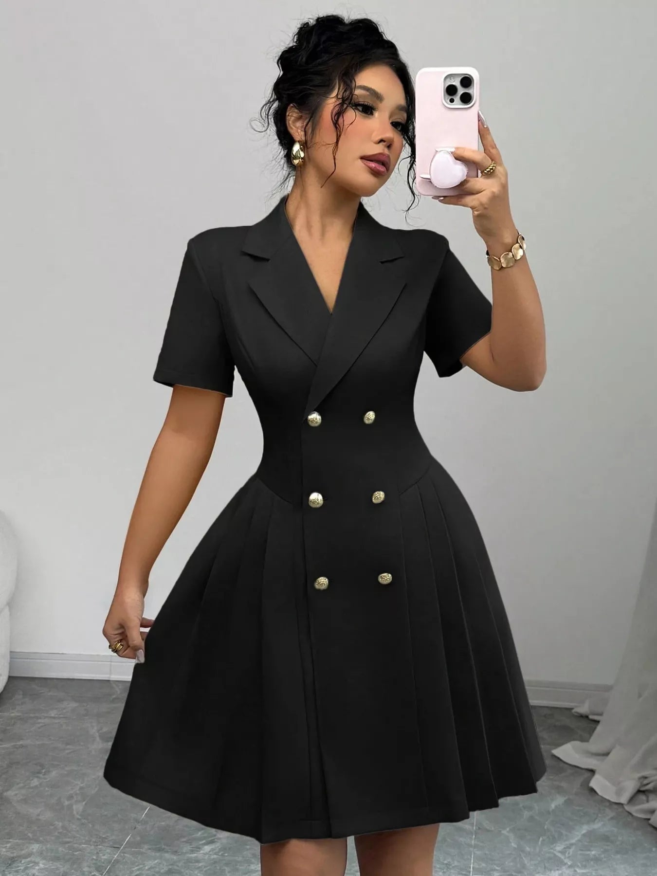 Shopimist double-breasted pleated blazer dress featuring a tailored fit and stylish design, shown on a model.