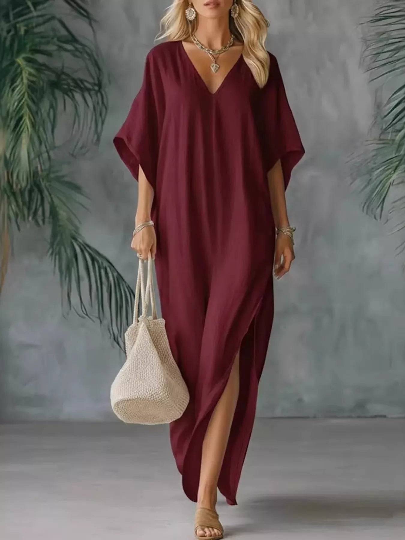 Full size V-neck maxi dress with side slits by Shopimist, featuring a flowing design and plus size fit.