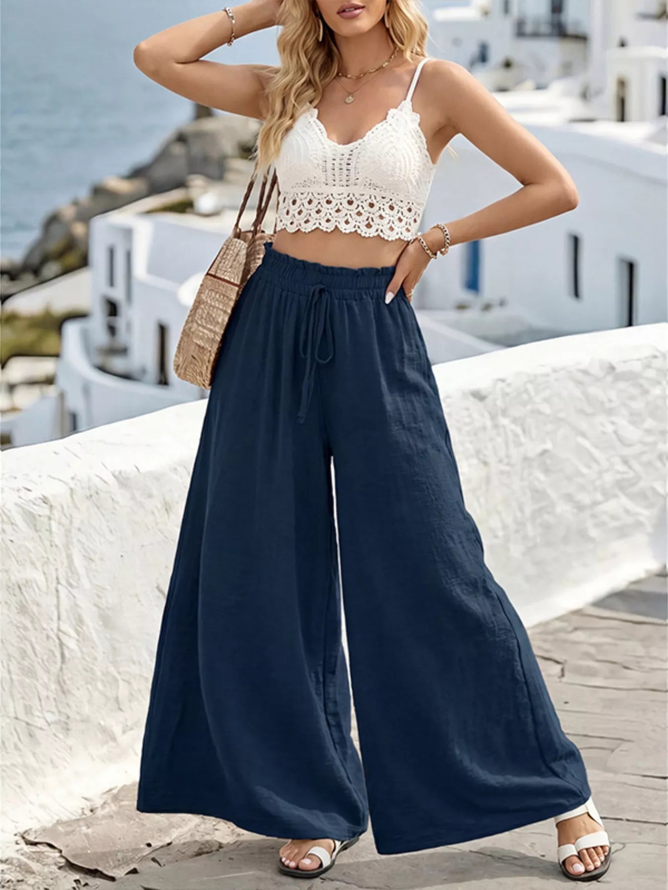Wide leg drawstring pants from Plush Fashion Hub, showing relaxed fit and adjustable waistband on a neutral background.