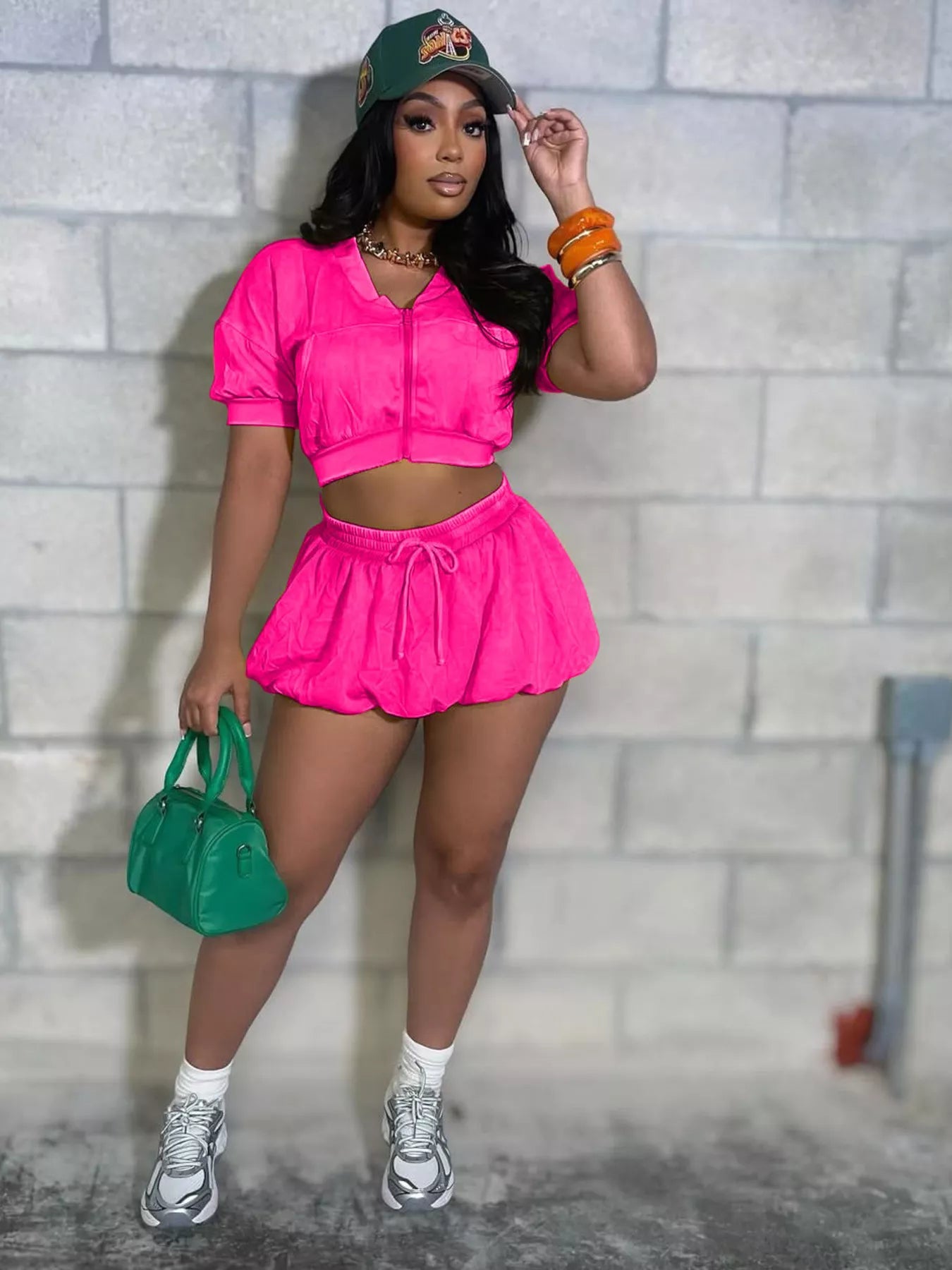 Plush Fashion Hub zip-up crop top and shorts set, soft plush fabric, casual two-piece loungewear set shown in the image.