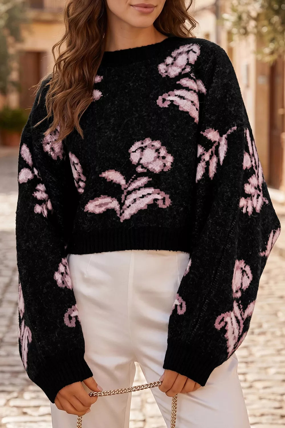 Floral pattern puff sleeve dropped shoulder pullover sweater, trendy shirt by Trendsi with colorful floral design and cozy fit.