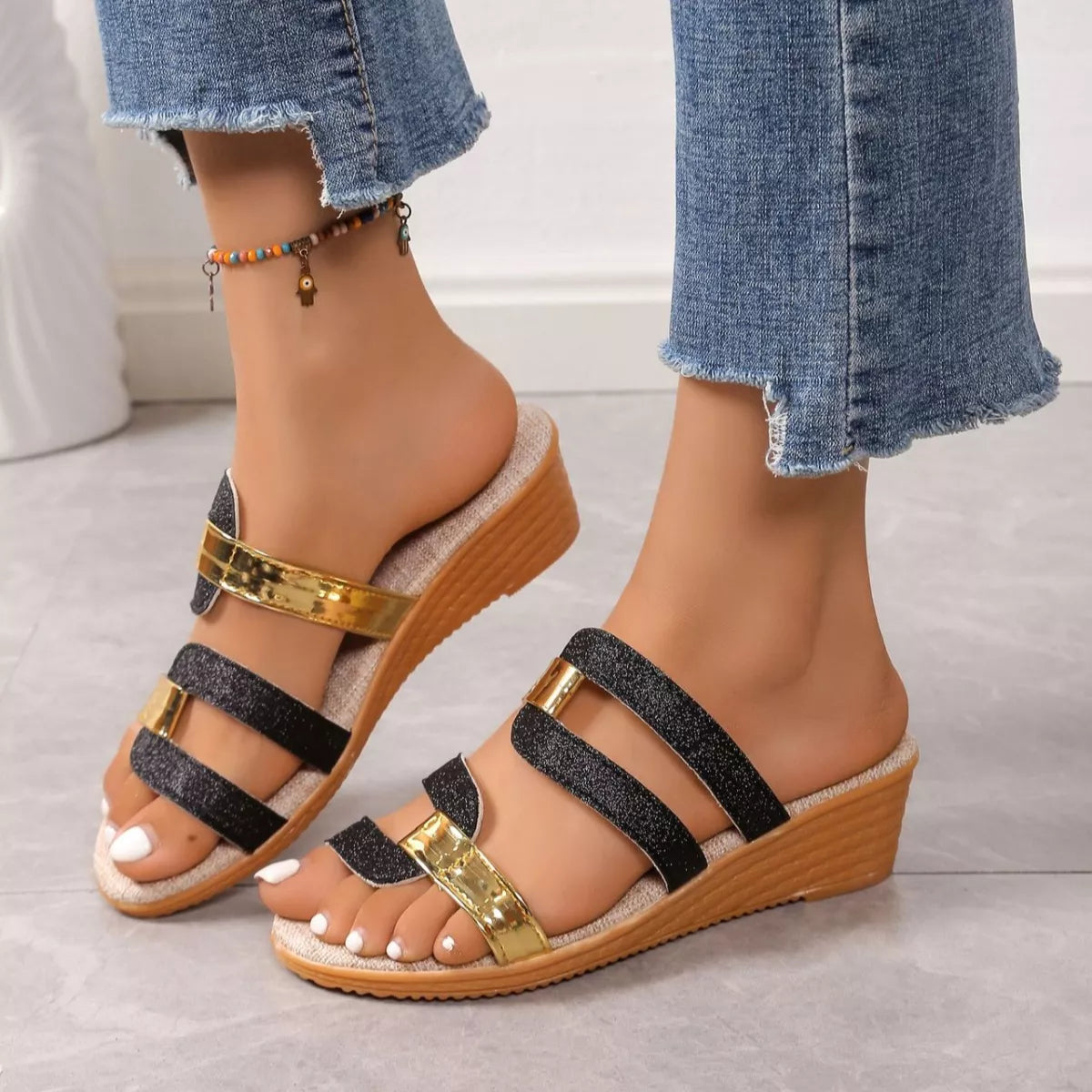Women's open toe mid-heel wedge sandals by Trendsi, featuring stylish design and comfortable casual footwear for warm weather.