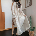 FitiqueFit high neck asymmetric maxi chiffon dress with long sleeves, loose fit casualwear in elegant design.