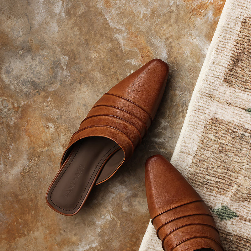 Handmade sheepskin ruched mule slides with square toe and low heel, stylish footwear by FitiqueFit.