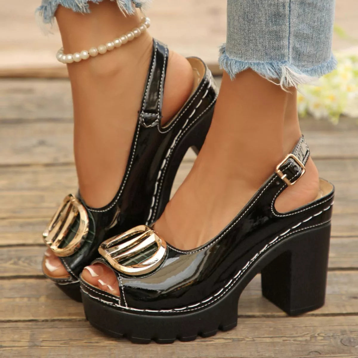 Shopimist open toe block heel sandals showing stylish nude leather straps and chunky heel for a chic summer look.
