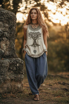 Plus size women's streetwear tank top with digital print and pleated crew-neck, by FitiqueFit, featuring vibrant colorful design.