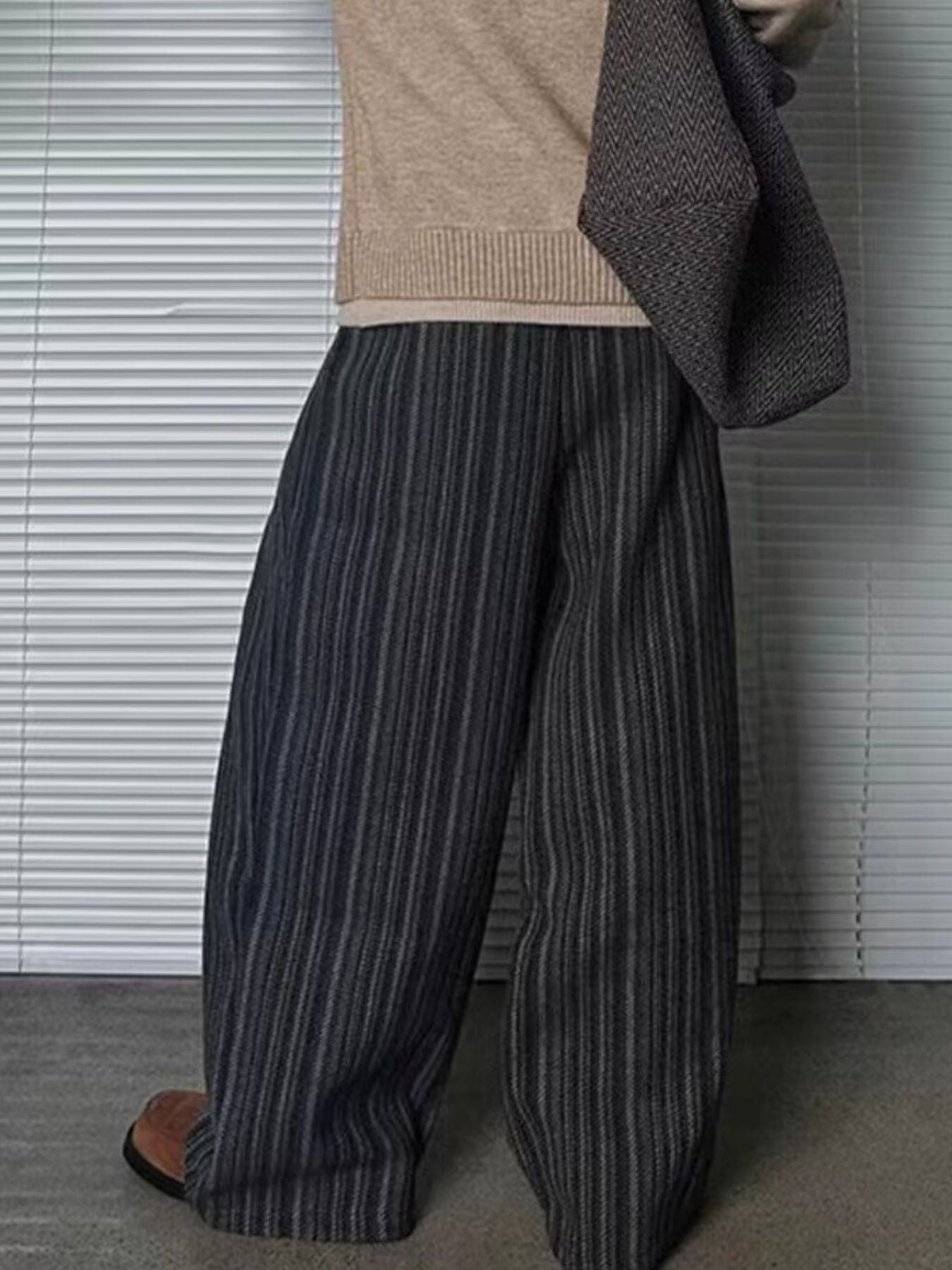 Men's wide leg striped casual trousers by Trendsi, breathable relaxed fit pants with comfortable loose style.