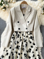 Elegant floral mesh two-piece dress and blazer set by Trendsi, featuring a stylish dress with a matching blazer.