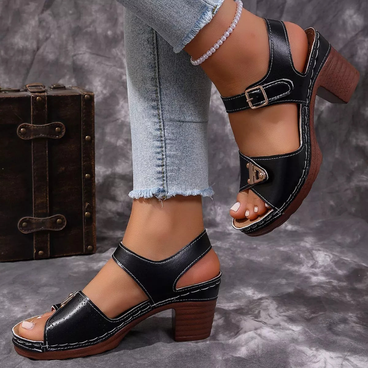 Shopimist open toe block heels sandals with stylish straps and chunky heels, perfect for summer or casual wear.