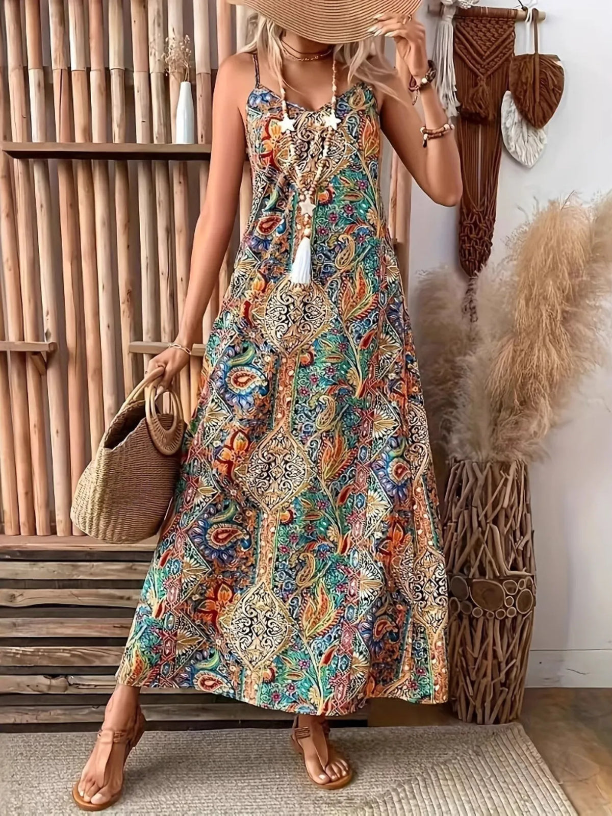 Paisley print V-neck maxi dress by Plush Fashion Hub featuring flowing fabric and a stylish, elegant design.