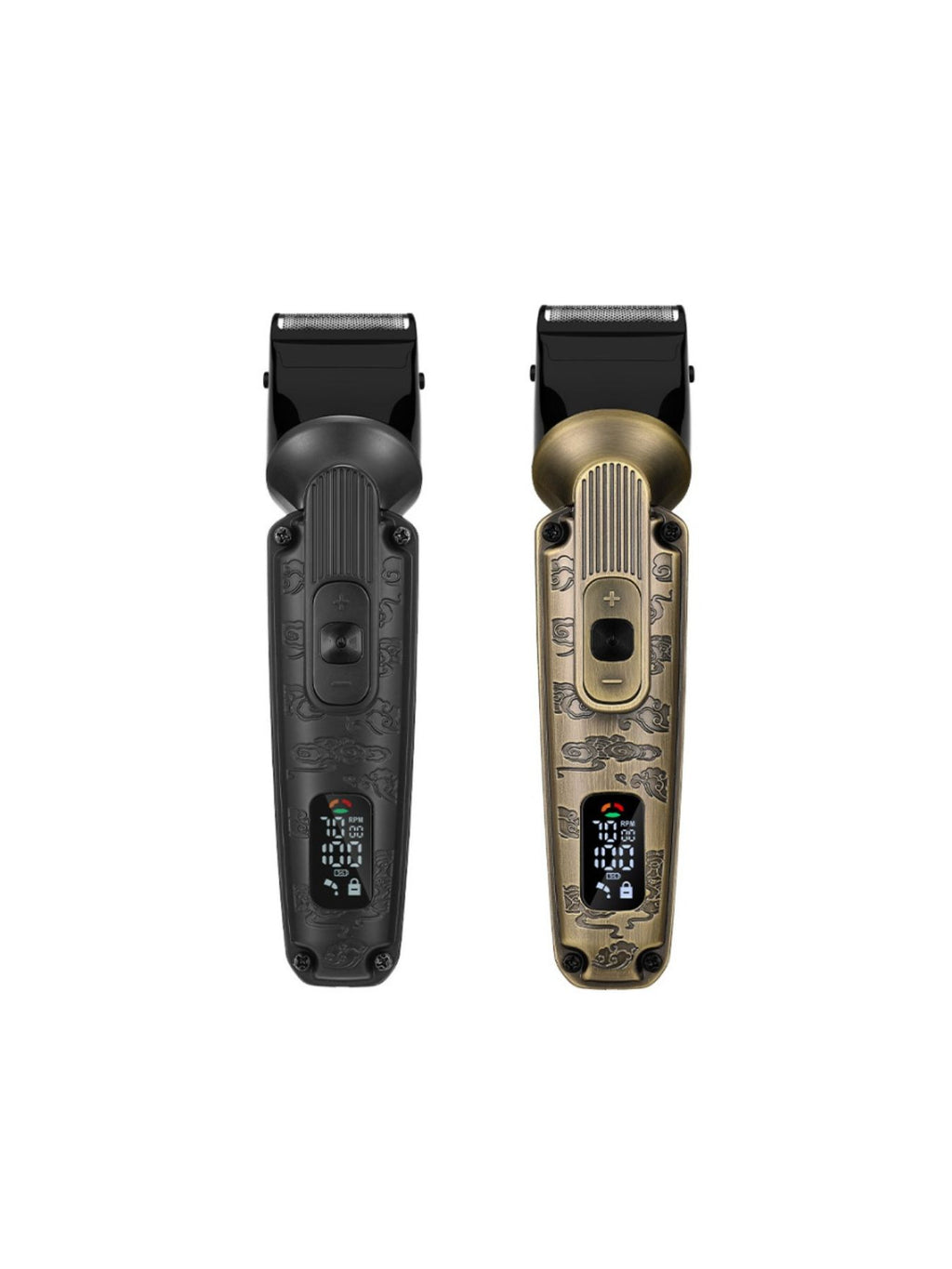 Professional 19-piece LED display hair clipper and grooming kit for men, featuring various attachments and a sleek design.