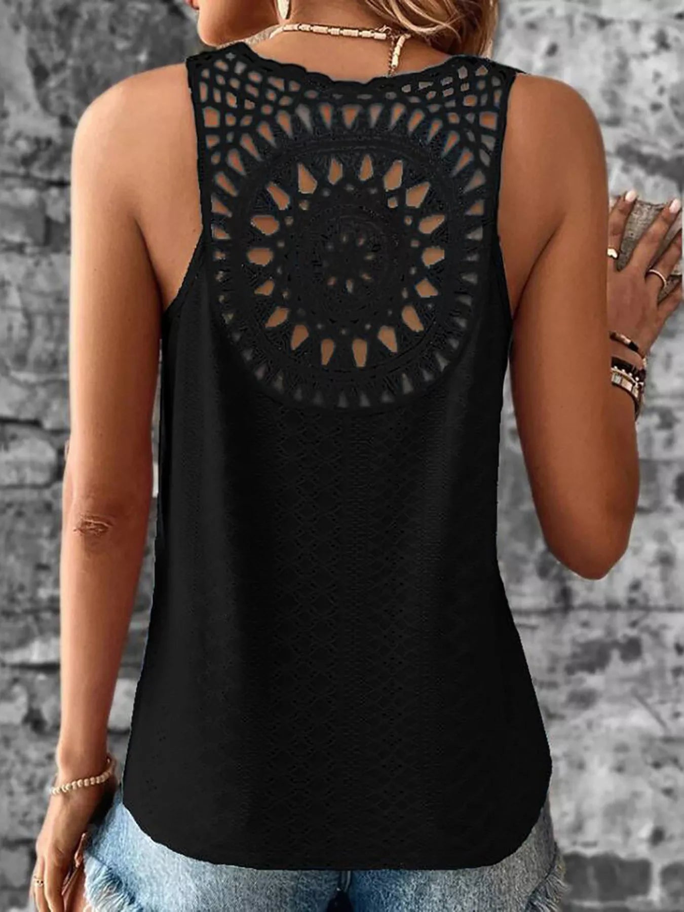Blue eyelet lace trim V-neck tank top from Plush Fashion Hub featuring lightweight fabric and stylish design.