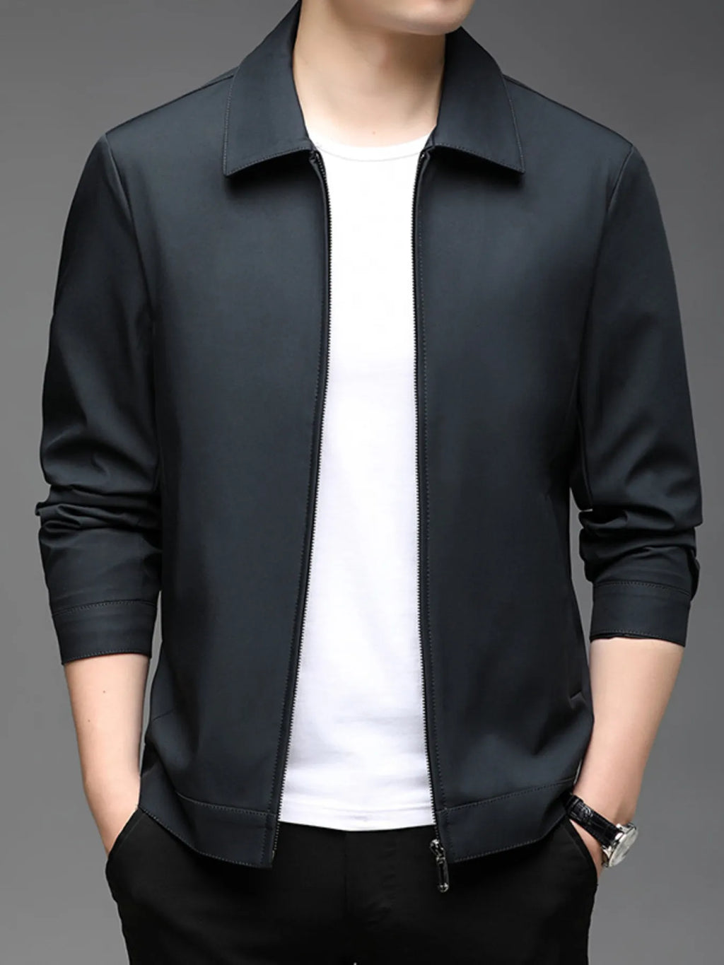 Plus size men's casual zip-up jacket by Shopimist, shown in black with front pockets and a stand collar.