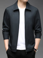 Plus size men's casual zip-up jacket by Shopimist, shown in black with front pockets and a stand collar.
