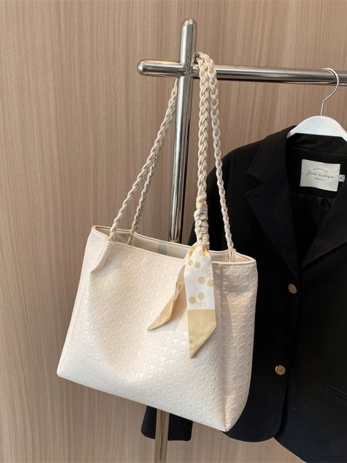 Shopimist braided handle tote bag with woven design, durable handle, and spacious interior, perfect for everyday use.