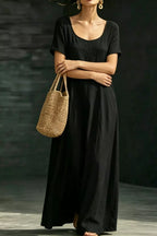 Plus size Plush Fashion Hub casual maxi dress with loose fit, short sleeves, and full length for comfortable everyday wear.