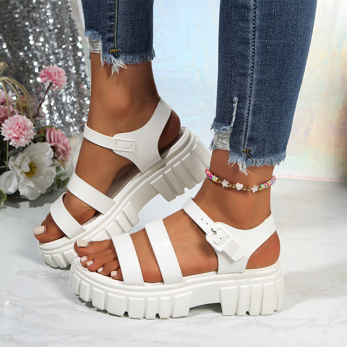 Women's open toe platform mid-heel sandals in premium PU leather, stylish shoe by Trendsi featuring a modern design.